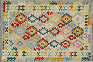 Flat Weave Kilim, Antique, Navaho, Vintage, Handmade, Geometric Kilim Beige Blue Hand-Woven Rectangle 100% Wool Area Rug 5 x 7